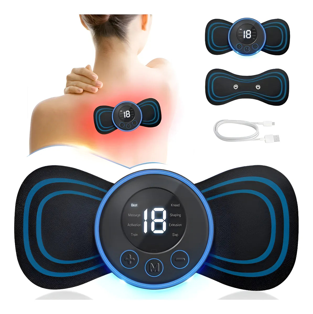 Mini Parche Masajeador Portátil Ems Eléctrico Dolor Cuello Azul/negro